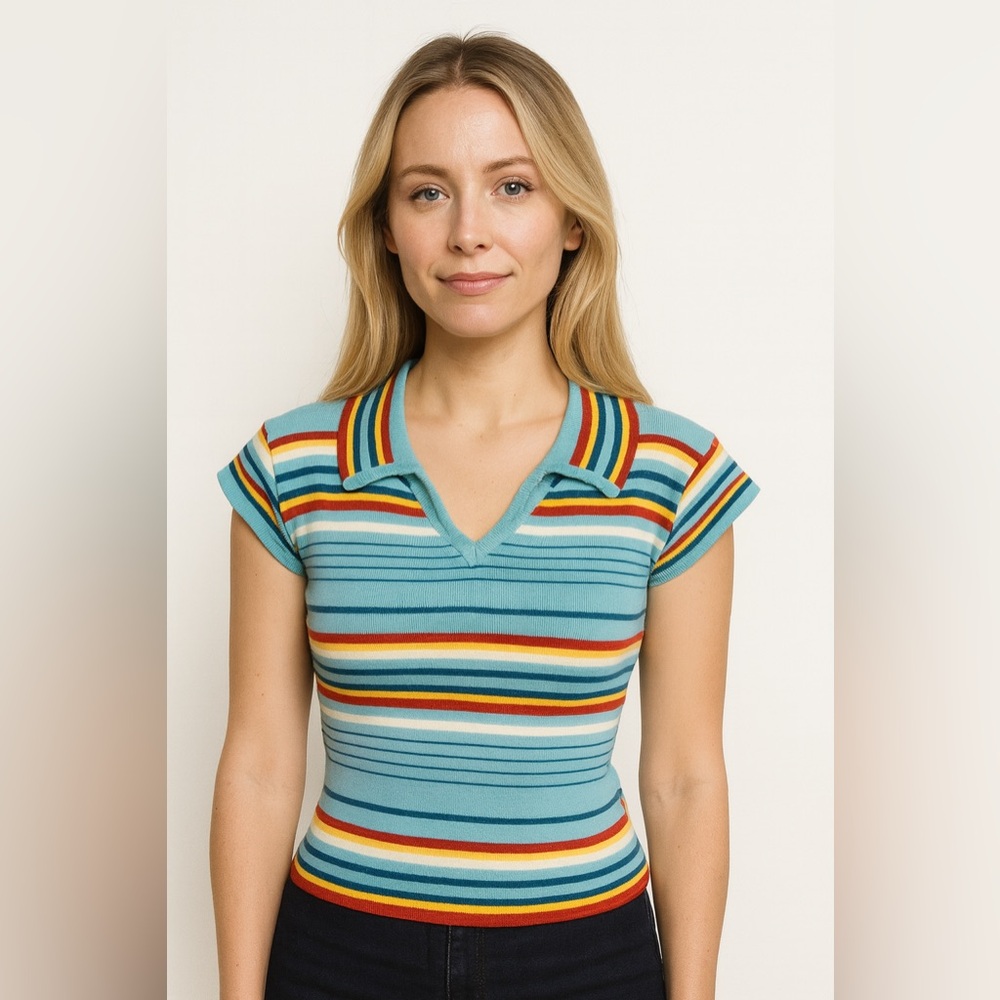 Vtg 70s rare rainbow striped knit sexy sweater